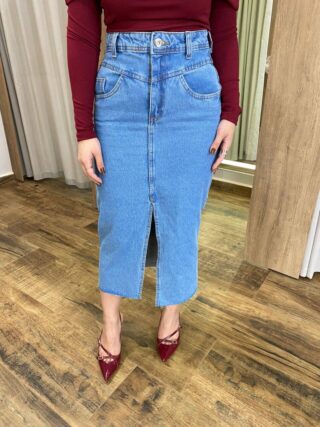 Saia Midi Feminina Mariah Jeans com Fenda Frontal - Fernanda Ramos Store