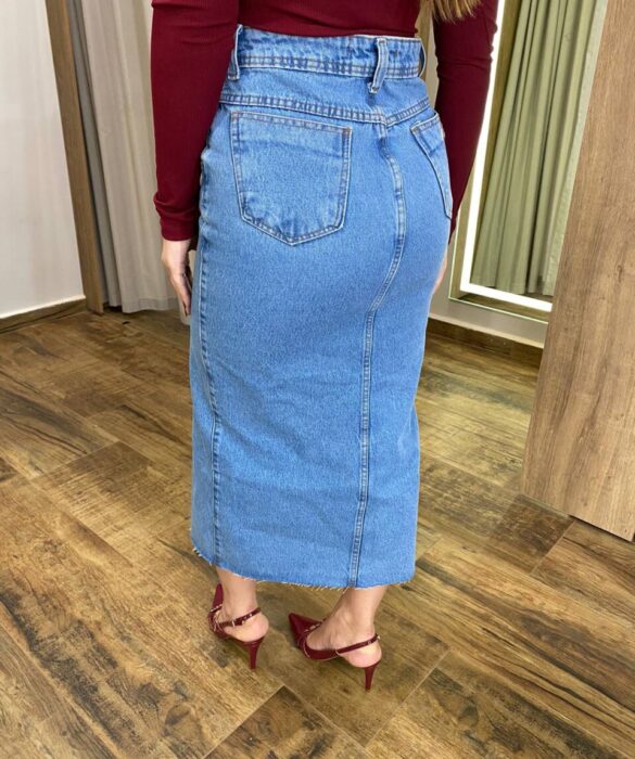 Saia Midi Feminina Mariah Jeans com Fenda Frontal - Fernanda Ramos Store