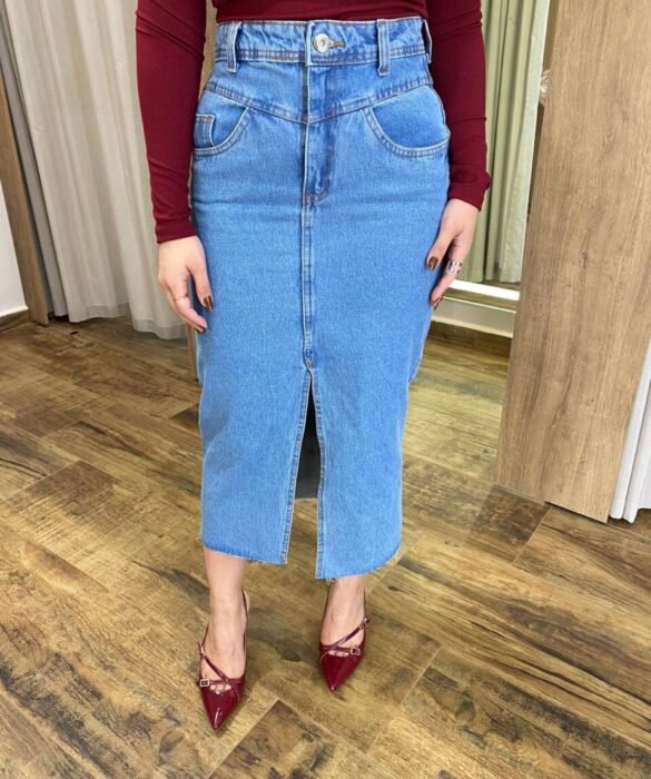 Saia Midi Feminina Mariah Jeans com Fenda Frontal - Fernanda Ramos Store