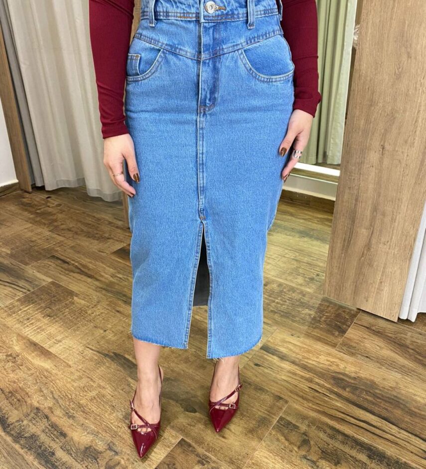 Saia Midi Feminina Mariah Jeans com Fenda Frontal - Fernanda Ramos Store