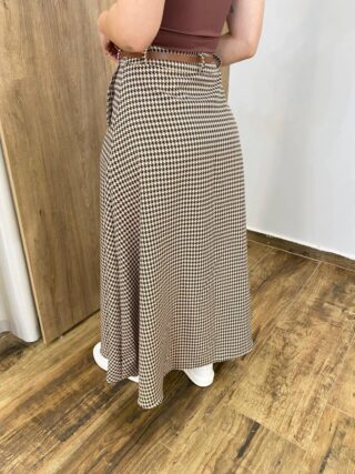 Saia Midi Feminina Maya Pied de Poule Marrom com Cinto - Fernanda Ramos Store