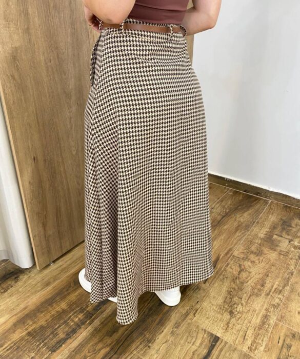 Saia Midi Feminina Maya Pied de Poule Marrom com Cinto - Fernanda Ramos Store