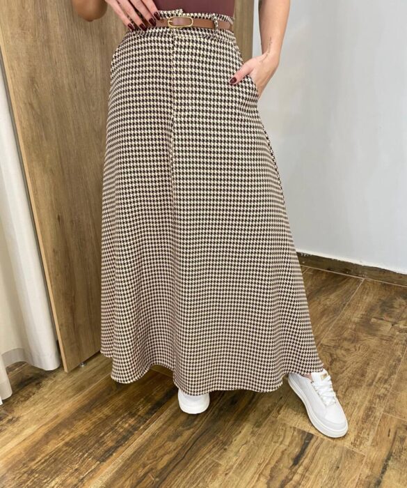 Saia Midi Feminina Maya Pied de Poule Marrom com Cinto - Fernanda Ramos Store