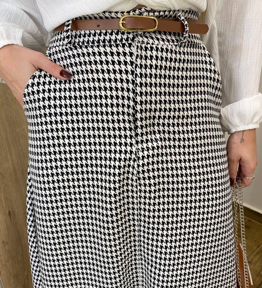 Saia Midi Feminina Maya Pied de Poule Preta com Cinto - Fernanda Ramos Store