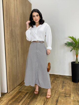 Saia Midi Feminina Maya Pied de Poule Preta com Cinto - Fernanda Ramos Store