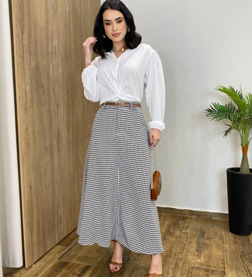 Saia Midi Feminina Maya Pied de Poule Preta com Cinto - Fernanda Ramos Store