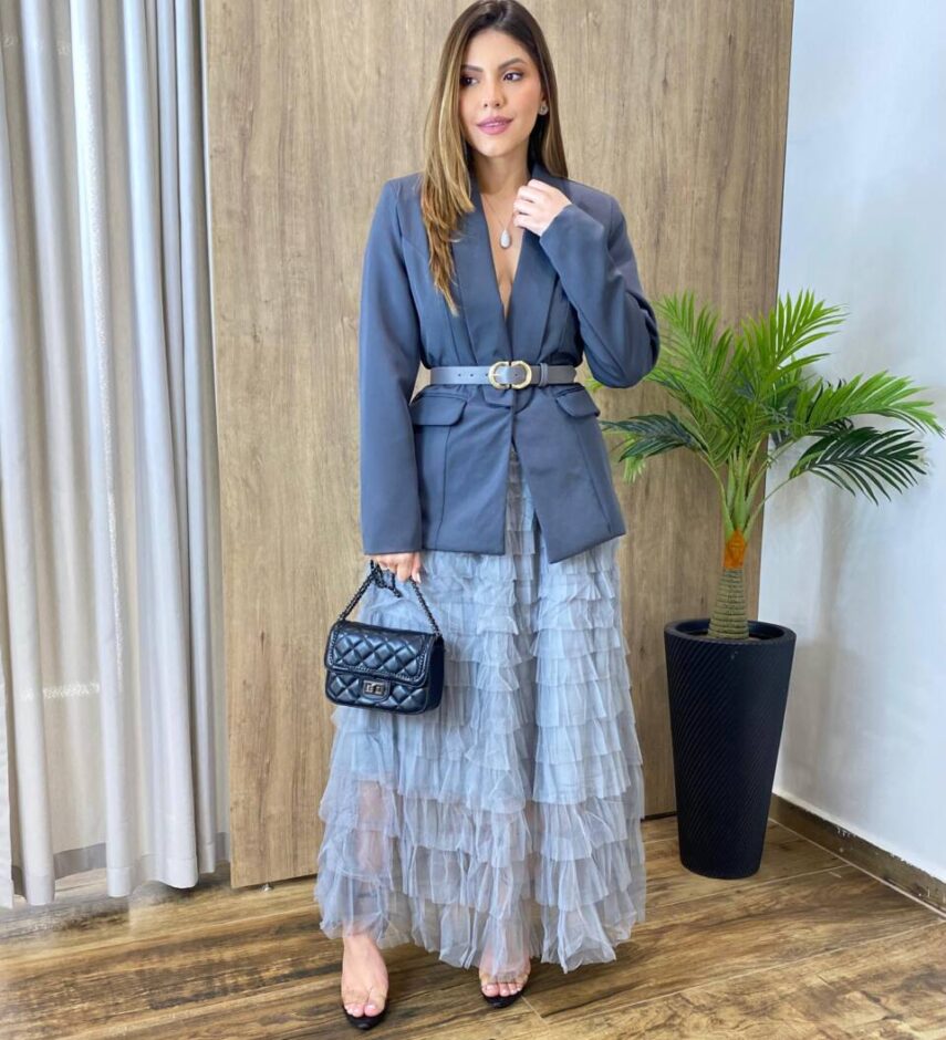 Saia Midi Feminina Sophia de Tule em Camadas Cinza - Fernanda Ramos Store