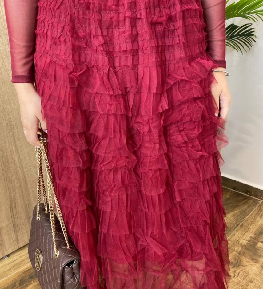 Saia Midi Feminina Sophia de Tule em Camadas Vinho - Fernanda Ramos Store