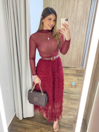 Saia Midi Feminina Sophia de Tule em Camadas Vinho - Fernanda Ramos Store