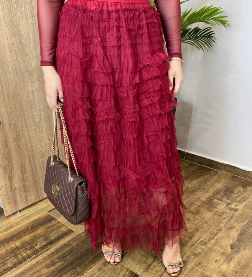 Saia Midi Feminina Sophia de Tule em Camadas Vinho - Fernanda Ramos Store