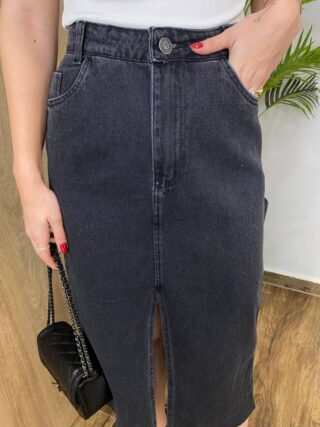 Saia Midi Jeans Feminina Núbia com Fenda Frontal Preta - Fernanda Ramos Store