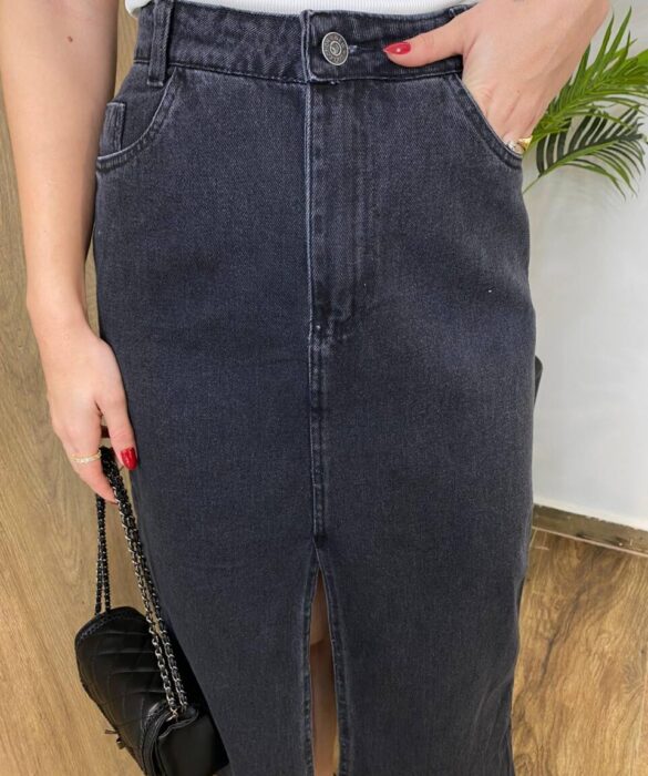 Saia Midi Jeans Feminina Núbia com Fenda Frontal Preta - Fernanda Ramos Store