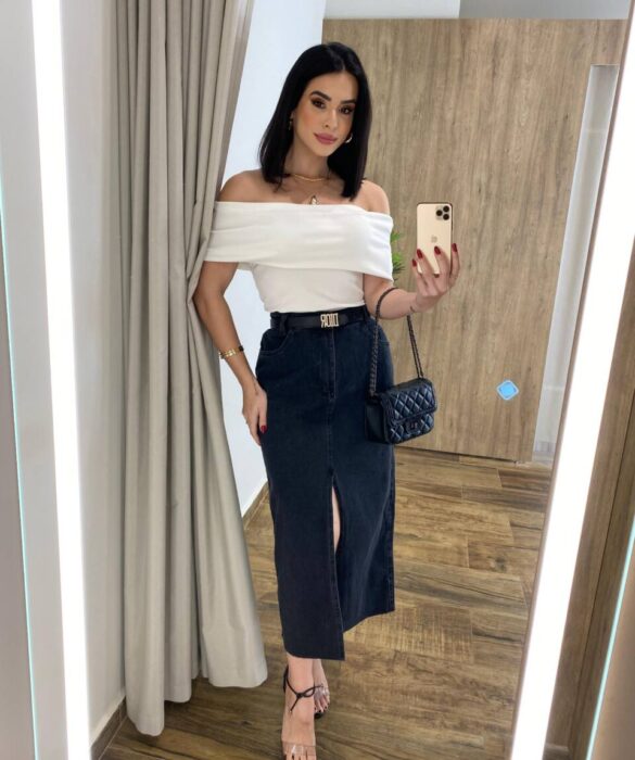 Saia Midi Jeans Feminina Núbia com Fenda Frontal Preta - Fernanda Ramos Store