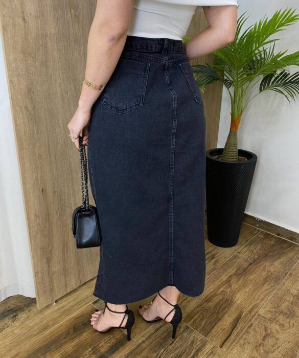 Saia Midi Jeans Feminina Núbia com Fenda Frontal Preta - Fernanda Ramos Store