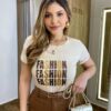 T-shirt Feminina Manga Curta Bege Style Fashion - Fernanda Ramos Store