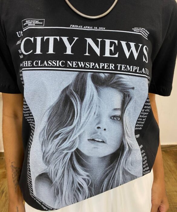 T-shirt Manga Curta Plus Size Preta City News - Fernanda Ramos Store