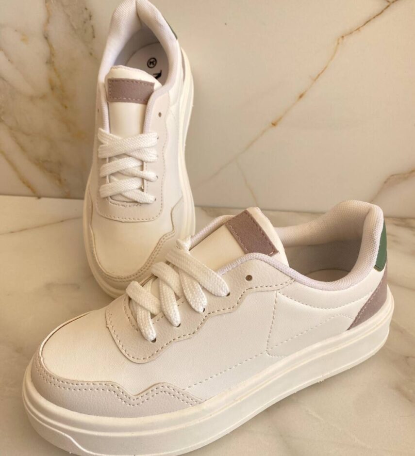 Tênis Feminino Rafaela Branco com Detalhe Cinza e Verde - Fernanda Ramos Store
