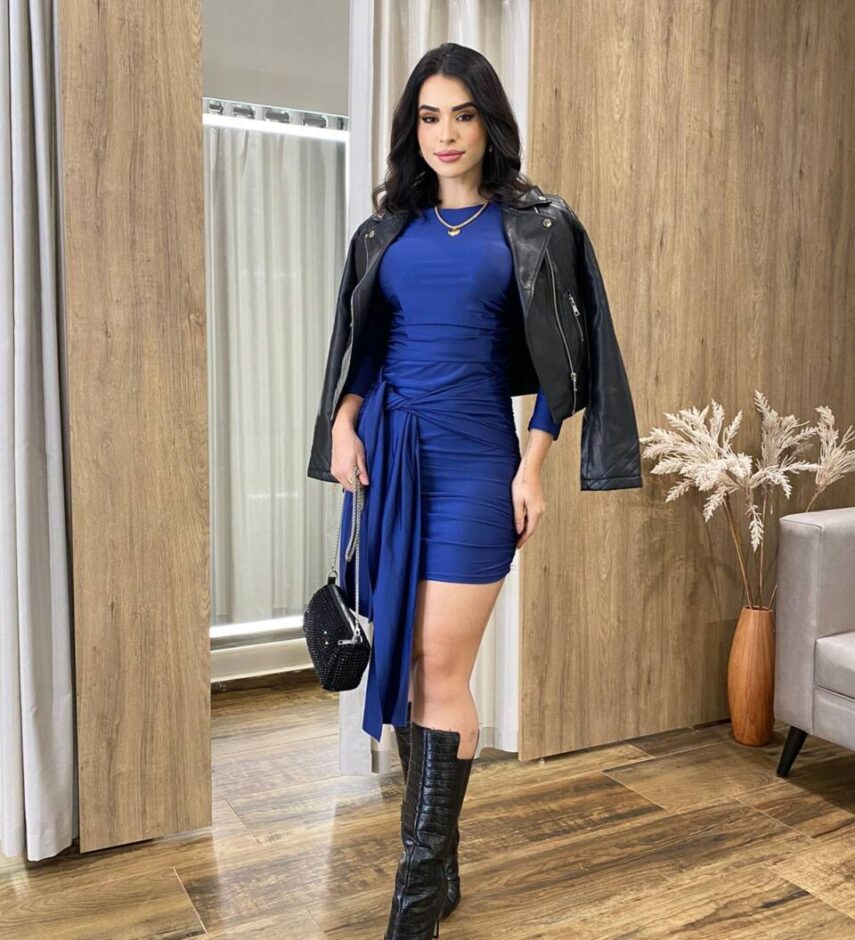 Vestido Bia Curto Manga Longa com Amarração na Frente Azul - Fernanda Ramos Store
