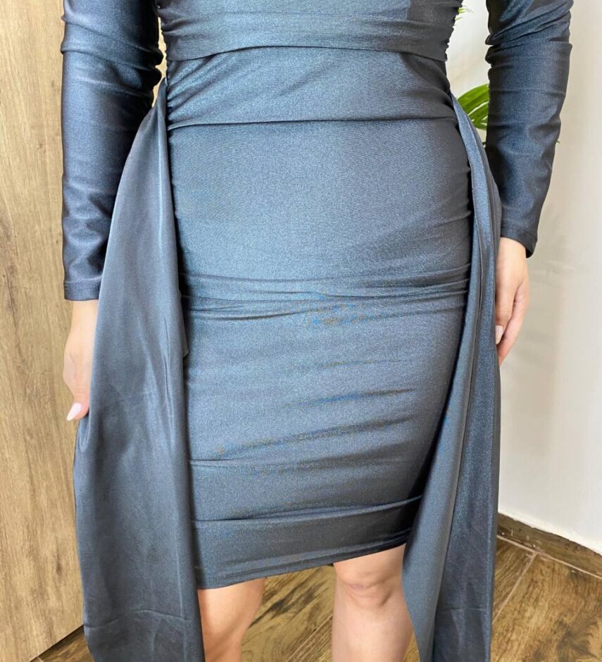 Vestido Bia Curto Manga Longa com Amarração na Frente Cinza - Fernanda Ramos Store