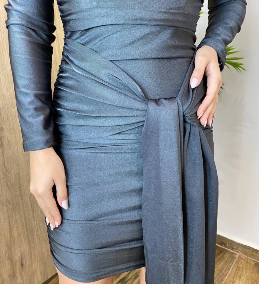 Vestido Bia Curto Manga Longa com Amarração na Frente Cinza - Fernanda Ramos Store