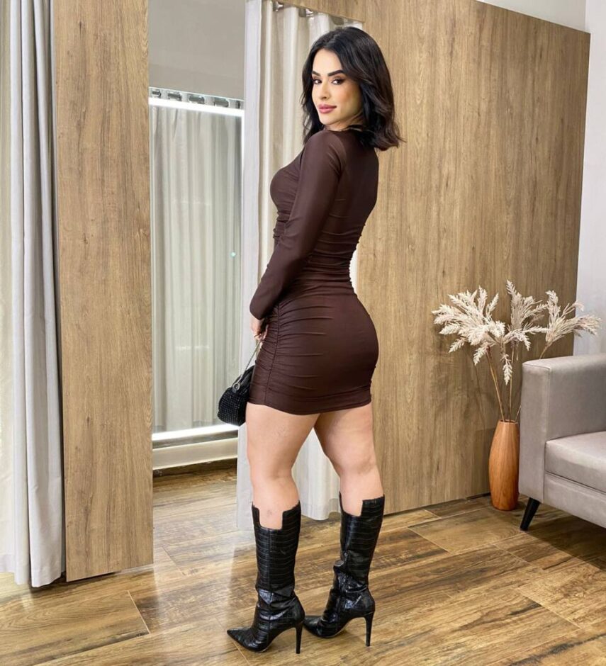 Vestido Bia Curto Manga Longa com Amarração na Frente Marrom - Fernanda Ramos Store