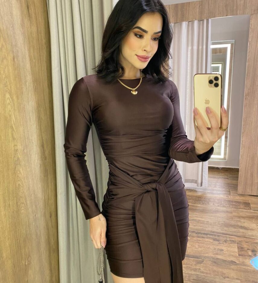 Vestido Bia Curto Manga Longa com Amarração na Frente Marrom - Fernanda Ramos Store