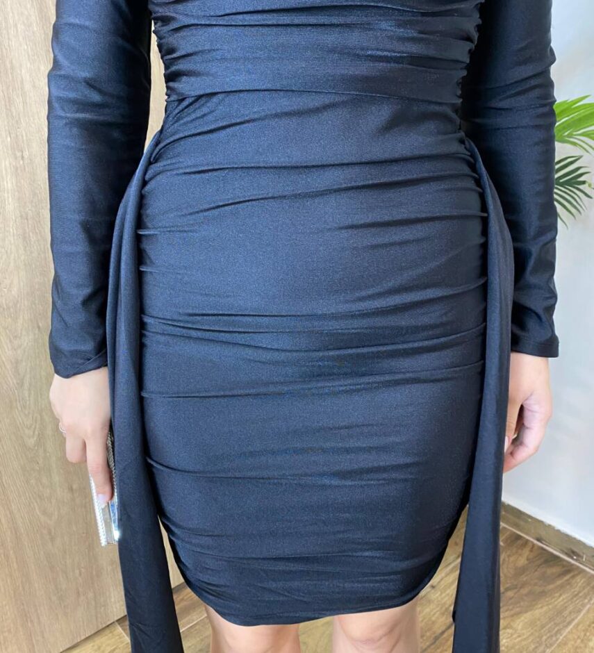 Vestido Bia Curto Manga Longa com Amarração na Frente Preto - Fernanda Ramos Store