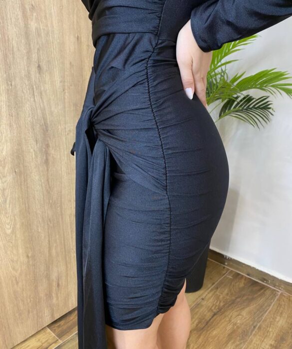 Vestido Bia Curto Manga Longa com Amarração na Frente Preto - Fernanda Ramos Store