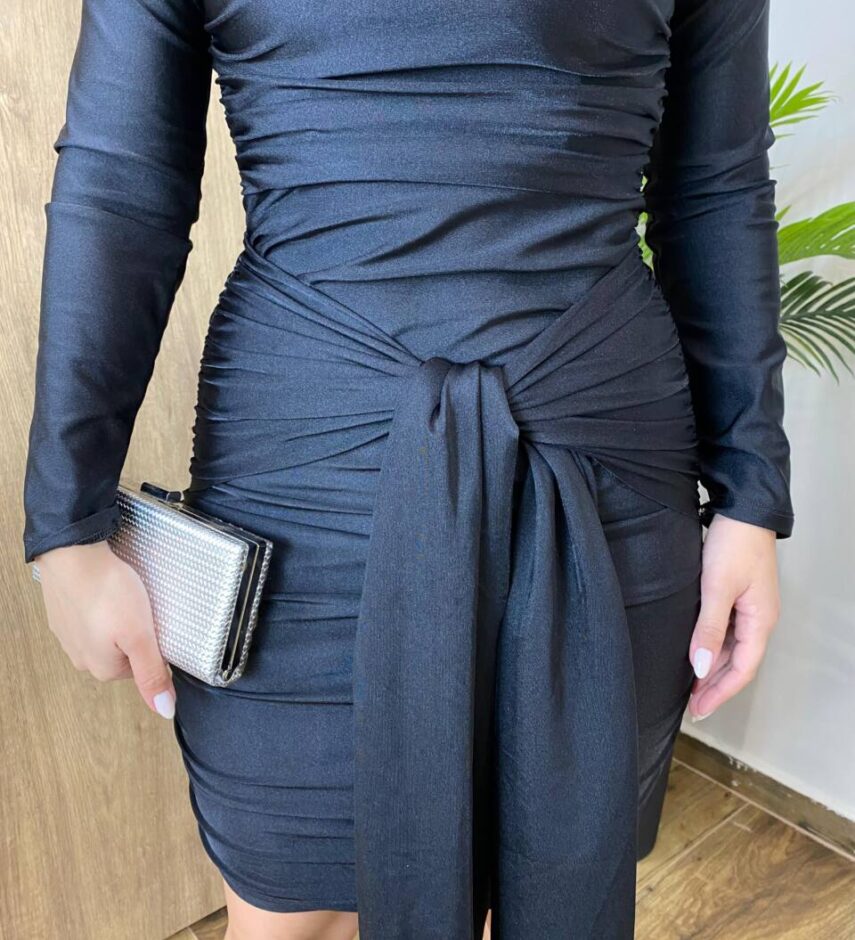 Vestido Bia Curto Manga Longa com Amarração na Frente Preto - Fernanda Ramos Store