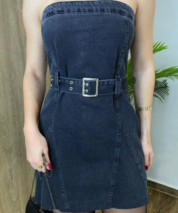 Vestido Curto Alana Tomara que Caia com Cinto Jeans Preto - Fernanda Ramos Store