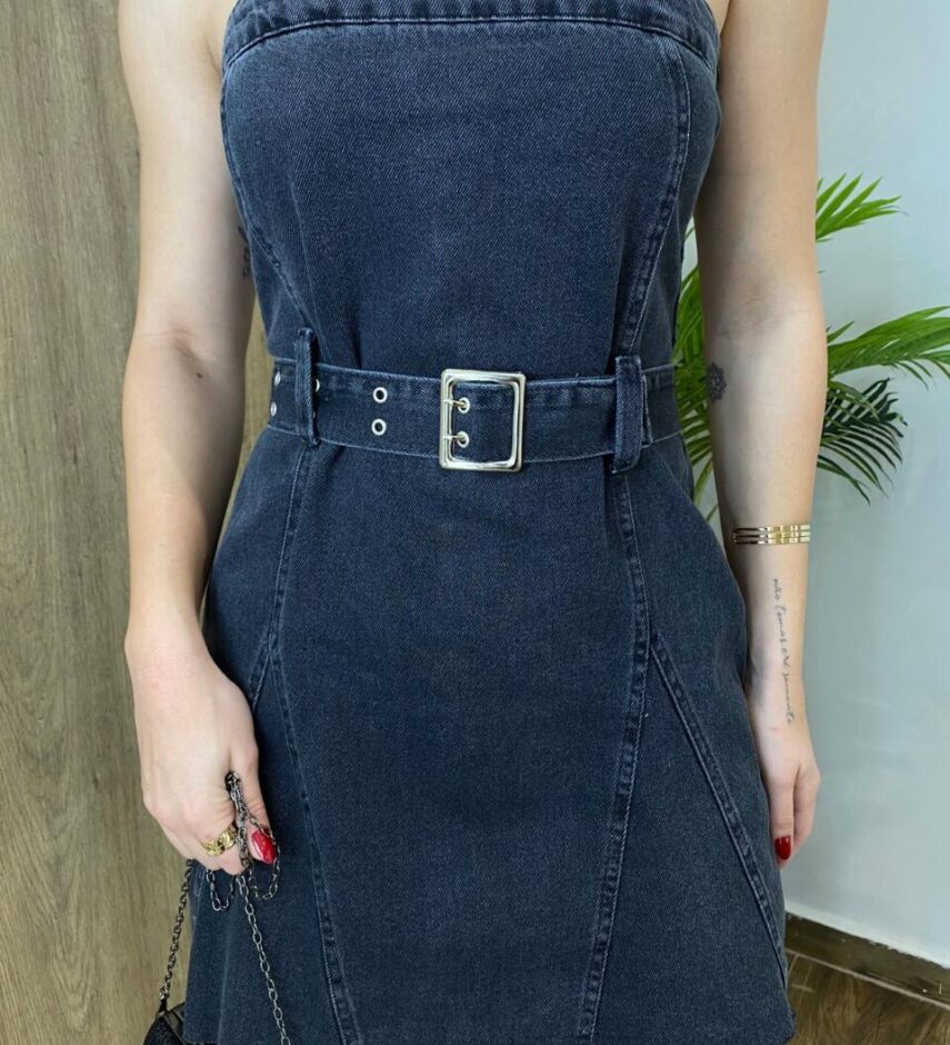 Vestido Curto Alana Tomara que Caia com Cinto Jeans Preto - Fernanda Ramos Store