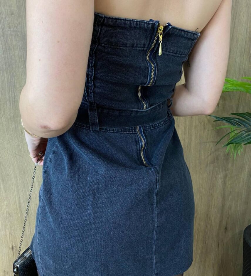 Vestido Curto Alana Tomara que Caia com Cinto Jeans Preto - Fernanda Ramos Store