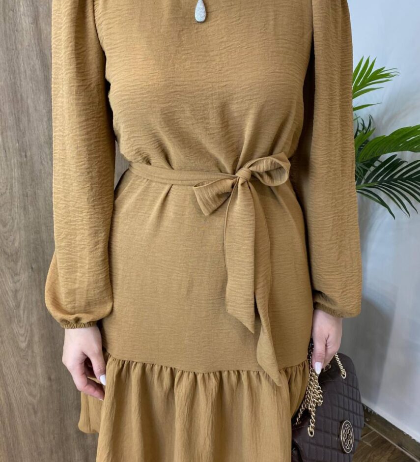 Vestido Feminino Curto Manga Longa com Amarração Caramelo - Fernanda Ramos Store