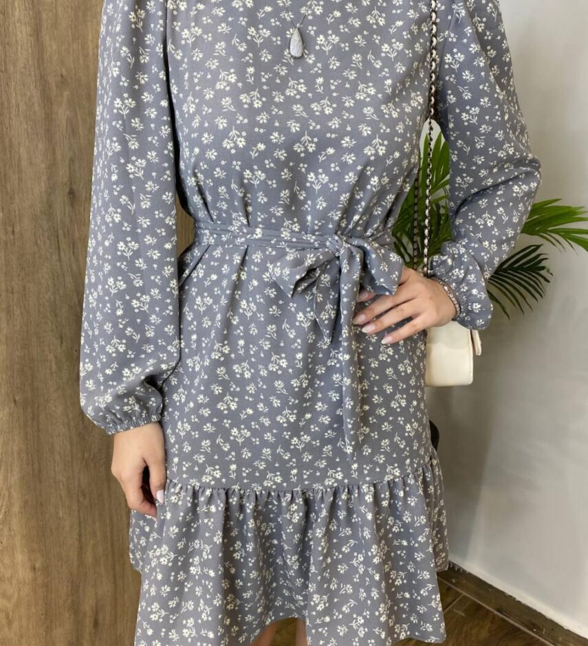 Vestido Feminino Curto Manga Longa com Amarração Cinza Estampado - Fernanda Ramos Store