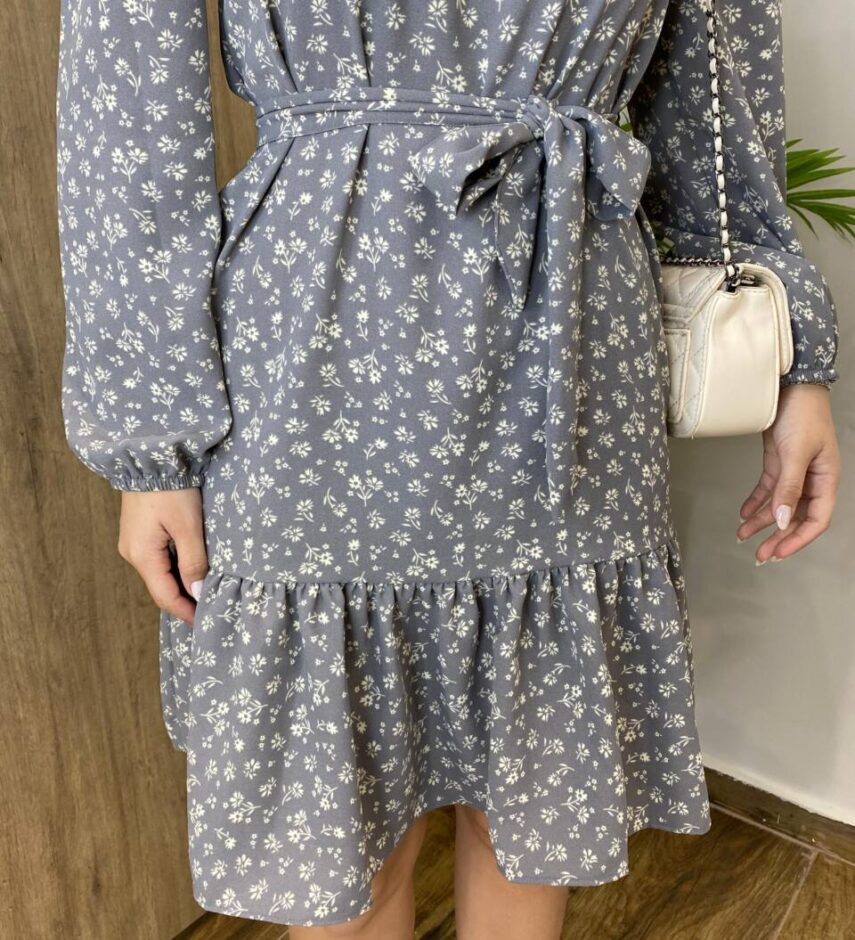 Vestido Feminino Curto Manga Longa com Amarração Cinza Estampado - Fernanda Ramos Store