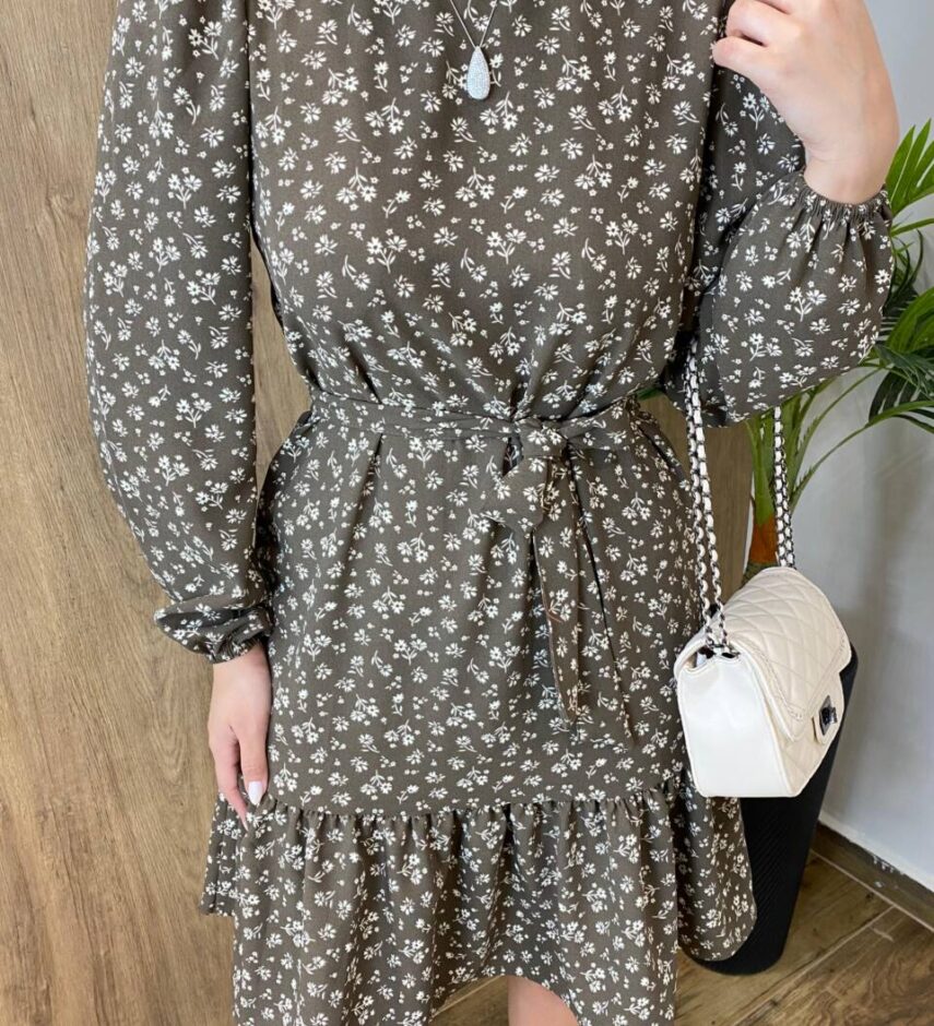 Vestido Feminino Curto Manga Longa com Amarração Marrom Estampado - Fernanda Ramos Store