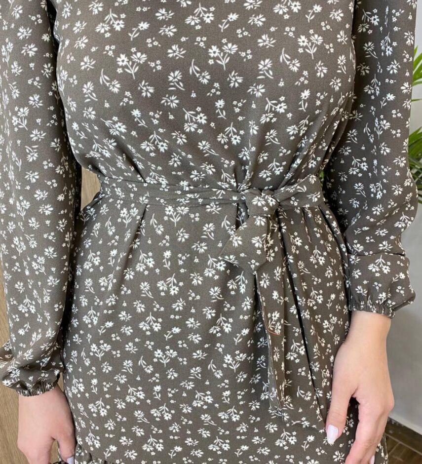 Vestido Feminino Curto Manga Longa com Amarração Marrom Estampado - Fernanda Ramos Store