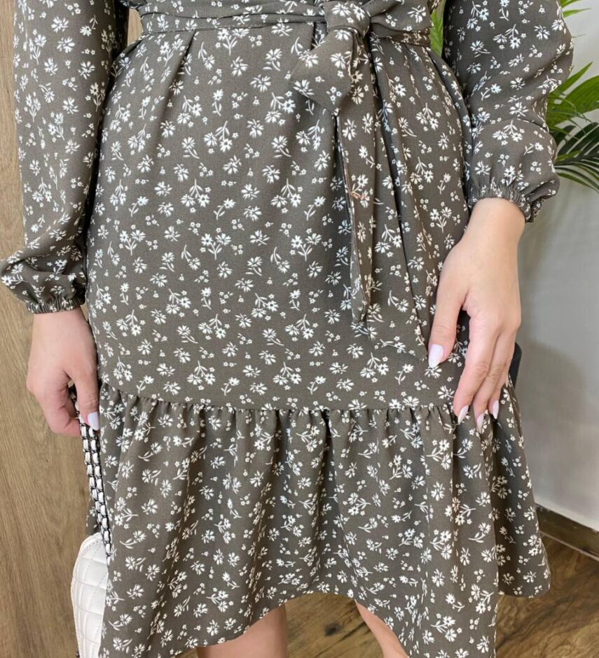 Vestido Feminino Curto Manga Longa com Amarração Marrom Estampado - Fernanda Ramos Store