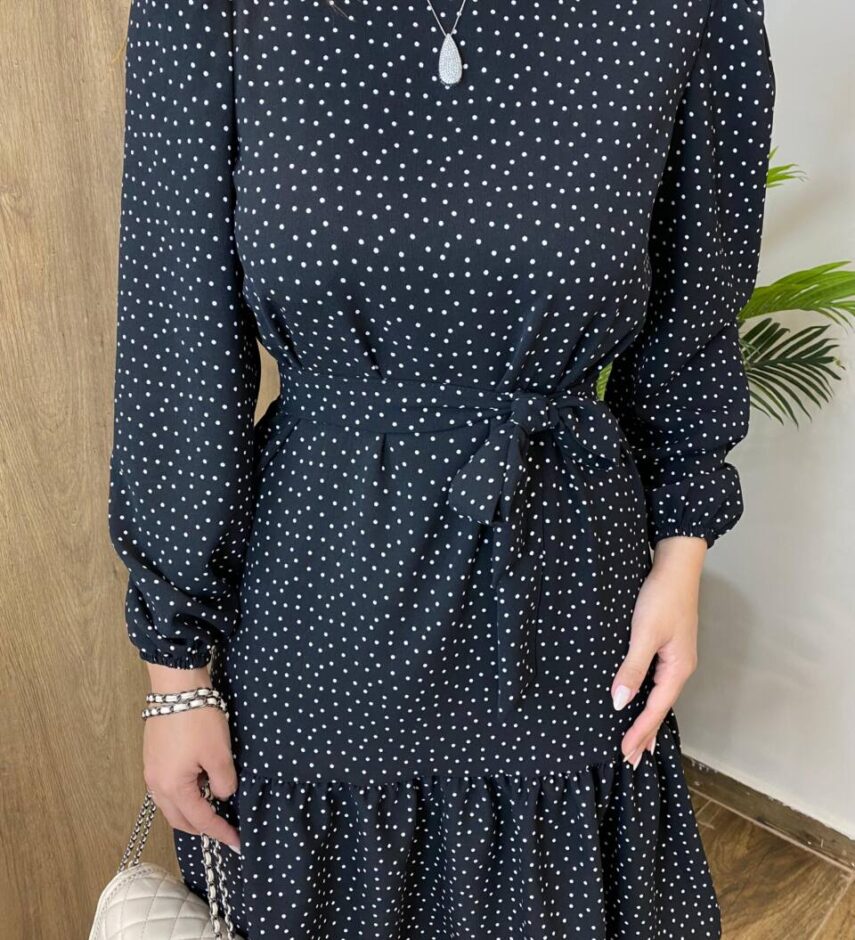Vestido Feminino Curto Manga Longa com Amarração Poá Preto - Fernanda Ramos Store