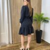 Vestido Feminino Curto Manga Longa com Amarração Poá Preto - Fernanda Ramos Store