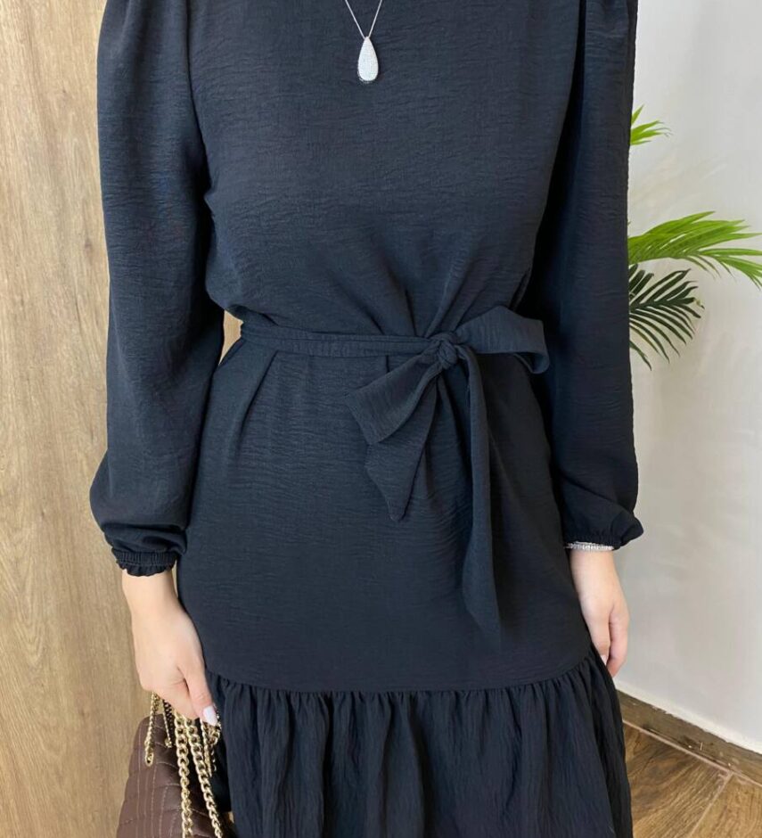 Vestido Feminino Curto Manga Longa com Amarração Preto - Fernanda Ramos Store