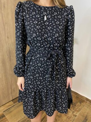 Vestido Feminino Curto Manga Longa com Amarração Preto Estampado - Fernanda Ramos Store