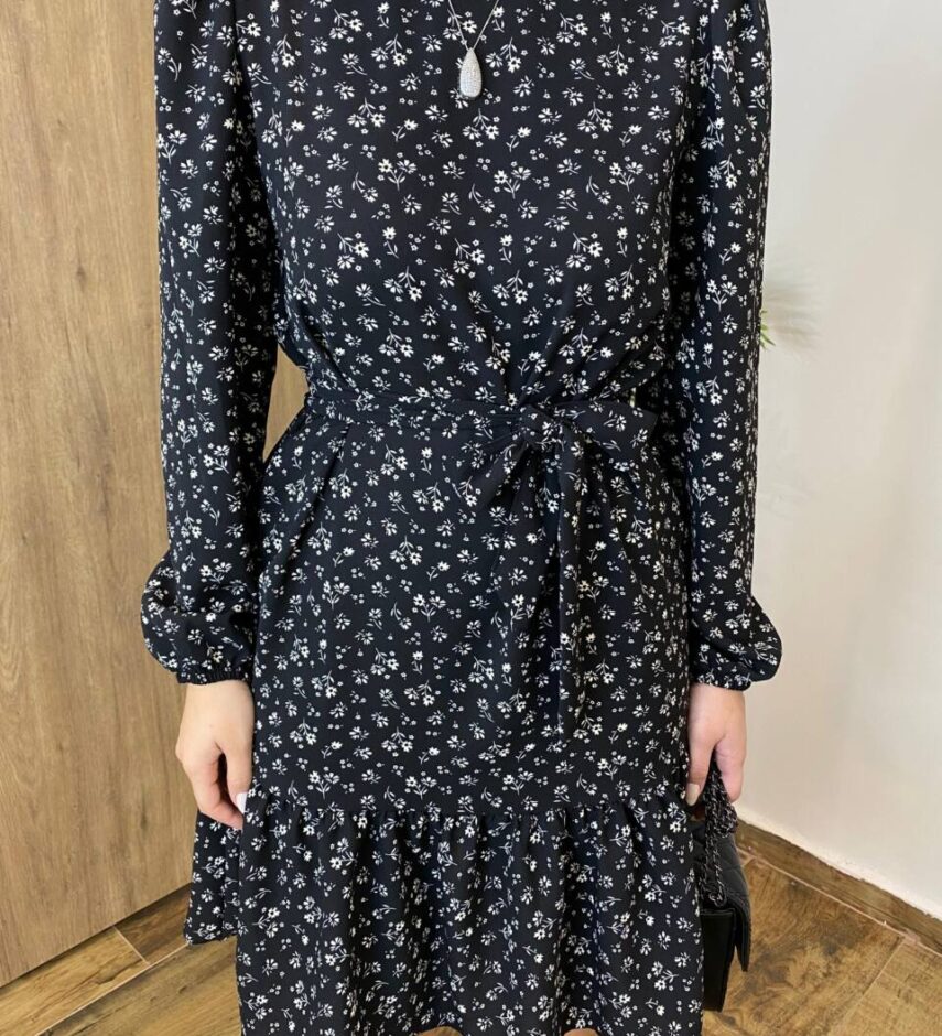 Vestido Feminino Curto Manga Longa com Amarração Preto Estampado - Fernanda Ramos Store