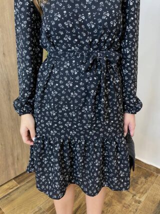 Vestido Feminino Curto Manga Longa com Amarração Preto Estampado - Fernanda Ramos Store