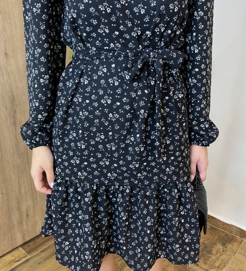 Vestido Feminino Curto Manga Longa com Amarração Preto Estampado - Fernanda Ramos Store