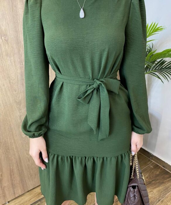 Vestido Feminino Curto Manga Longa com Amarração Verde Militar - Fernanda Ramos Store