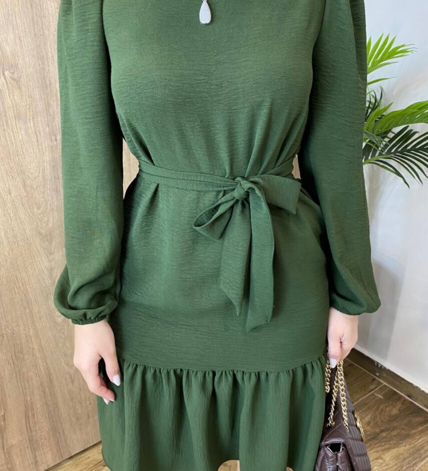 Vestido Feminino Curto Manga Longa com Amarração Verde Militar - Fernanda Ramos Store