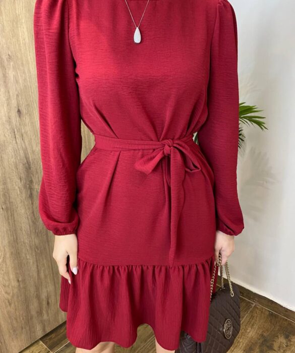 Vestido Feminino Curto Manga Longa com Amarração Vinho - Fernanda Ramos Store