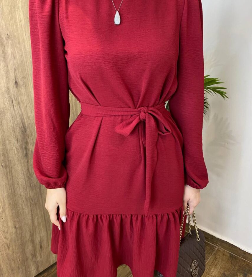 Vestido Feminino Curto Manga Longa com Amarração Vinho - Fernanda Ramos Store