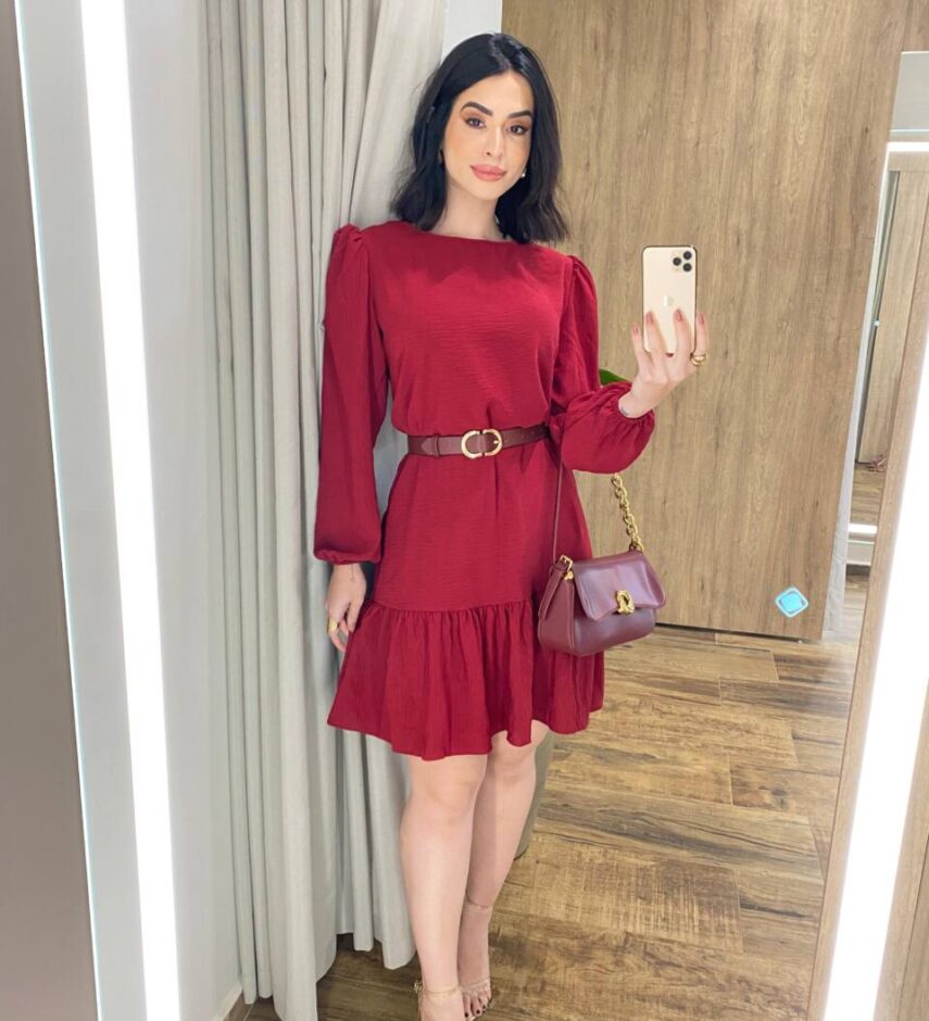 Vestido Feminino Curto Manga Longa com Amarração Vinho - Fernanda Ramos Store